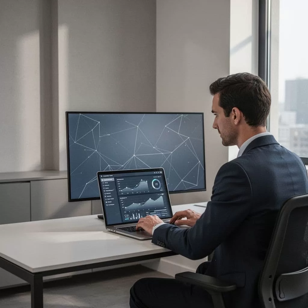 A focused person sits at a desk reviewing digital business data on a clean computer screen.