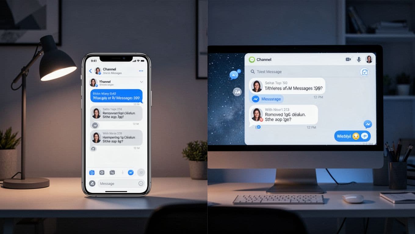 Phone and desktop screens in cozy night office display Discord channel with messages posting automatically.