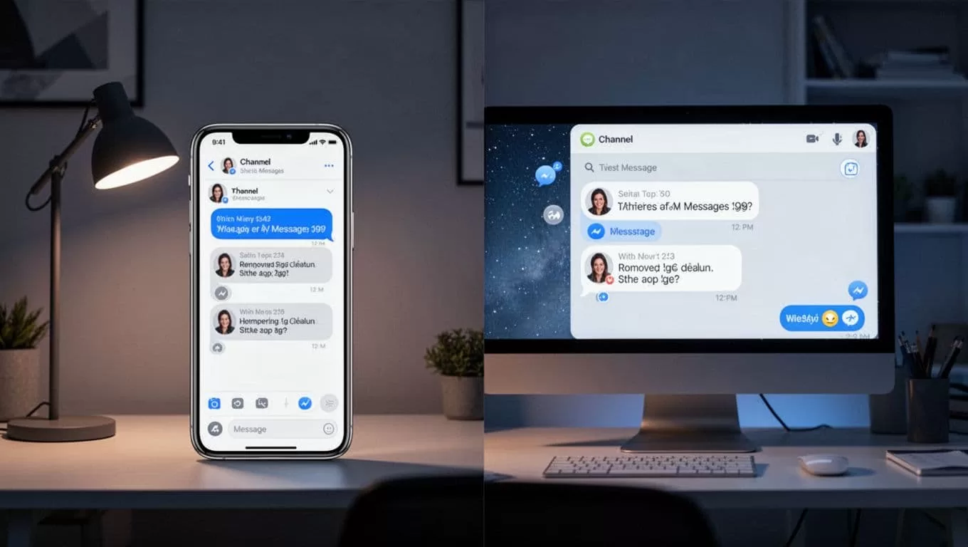 Phone and desktop screens in cozy night office display Discord channel with messages posting automatically.