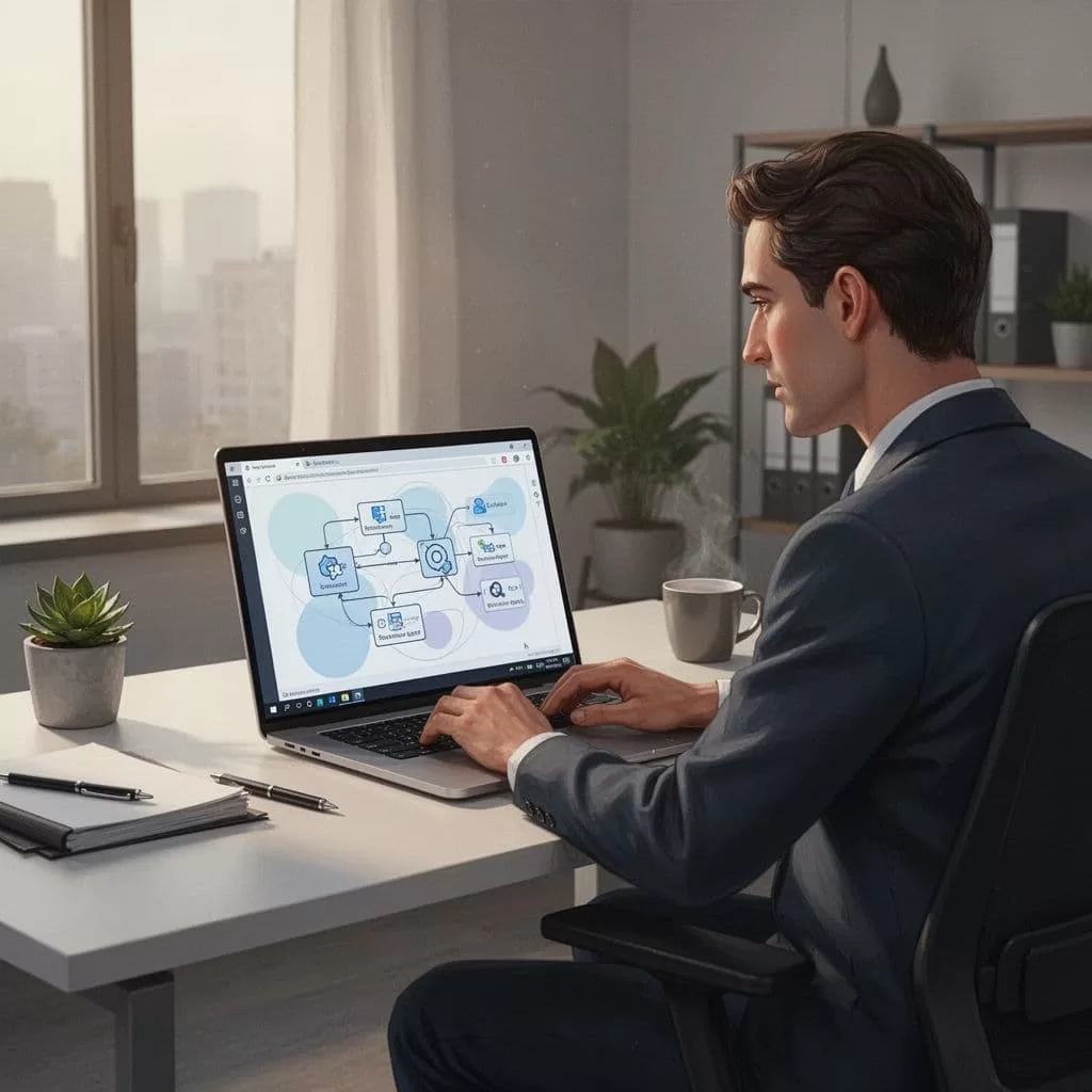 A person sits at a clean desk using a laptop to configure browser automation workflows. The side profile view highlights a bright, modern office bathed in soft, morning natural light.