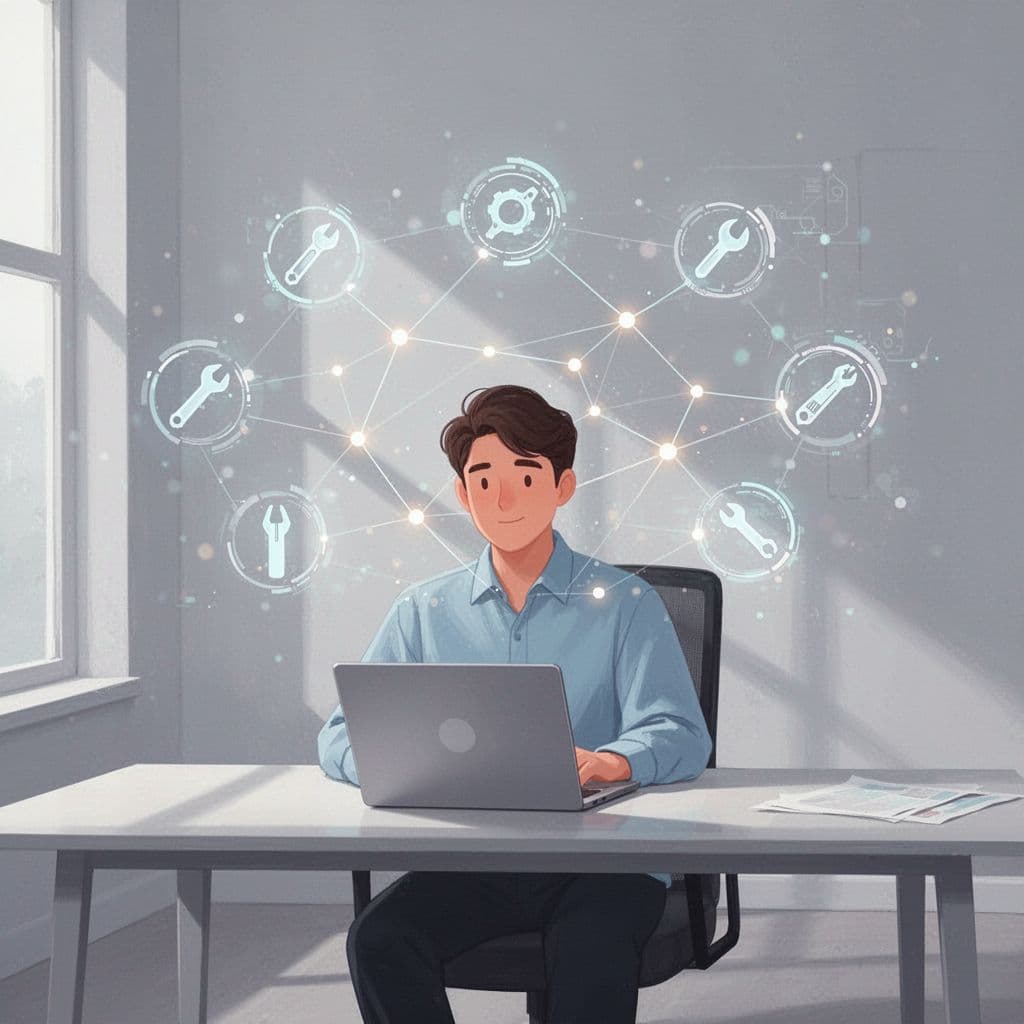 A person sits at a computer desk with digital nodes linking various business tools in a flat illustration.
