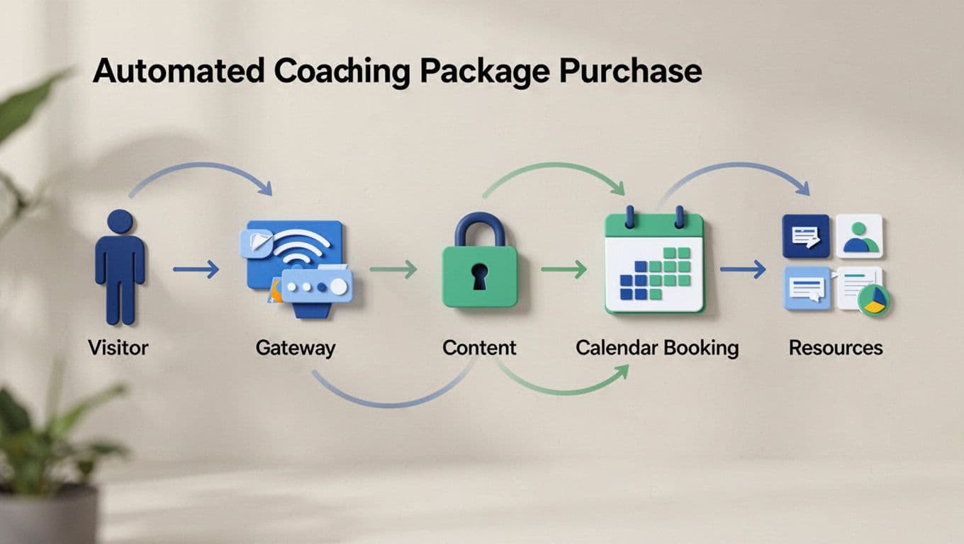 Simple flowchart icons connected by arrows show visitor to Stripe payment unlocking gated content, booking calendar, and resources.