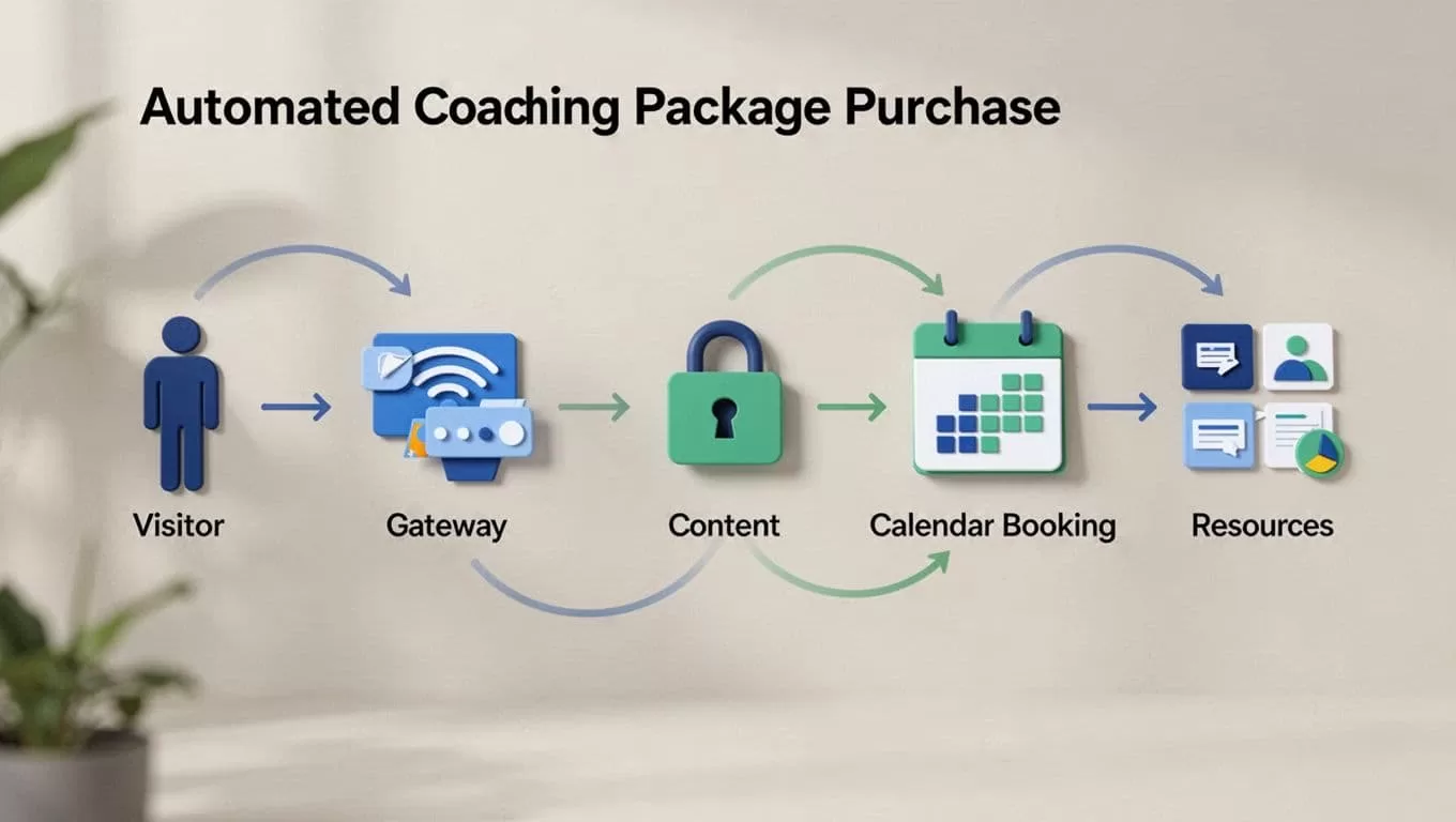 Simple flowchart icons connected by arrows show visitor to Stripe payment unlocking gated content, booking calendar, and resources.