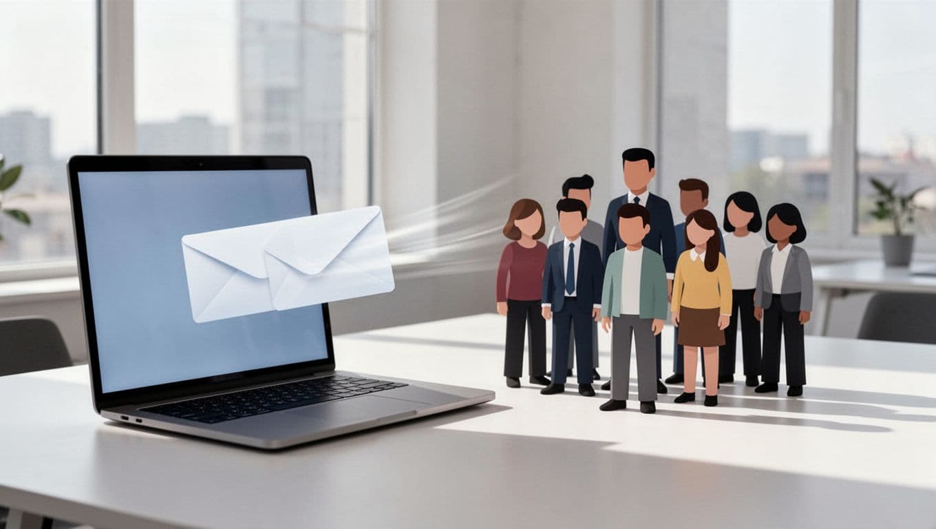 A digital envelope travels from a laptop screen toward stylized avatars of team members.