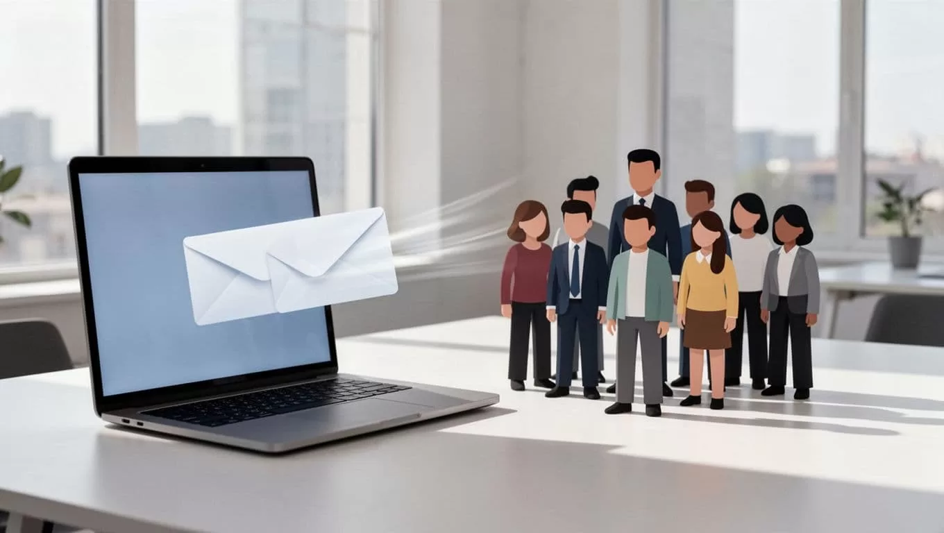 A digital envelope travels from a laptop screen toward stylized avatars of team members.
