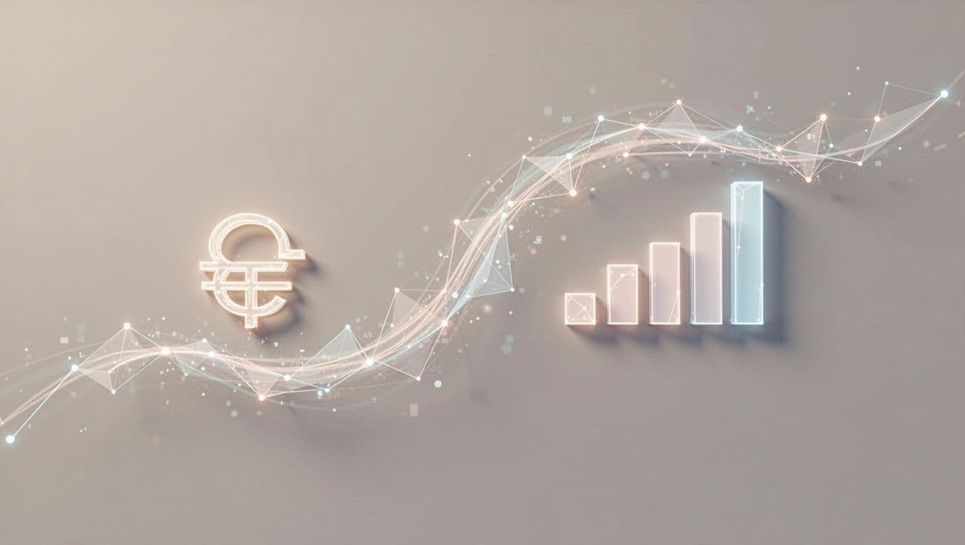 Glowing geometric shapes move along a curved path from a payment icon to an analytics chart.
