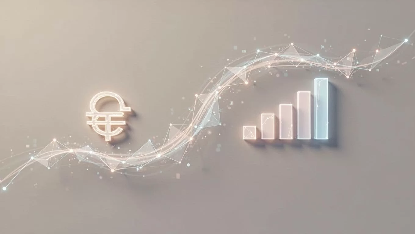 Glowing geometric shapes move along a curved path from a payment icon to an analytics chart.