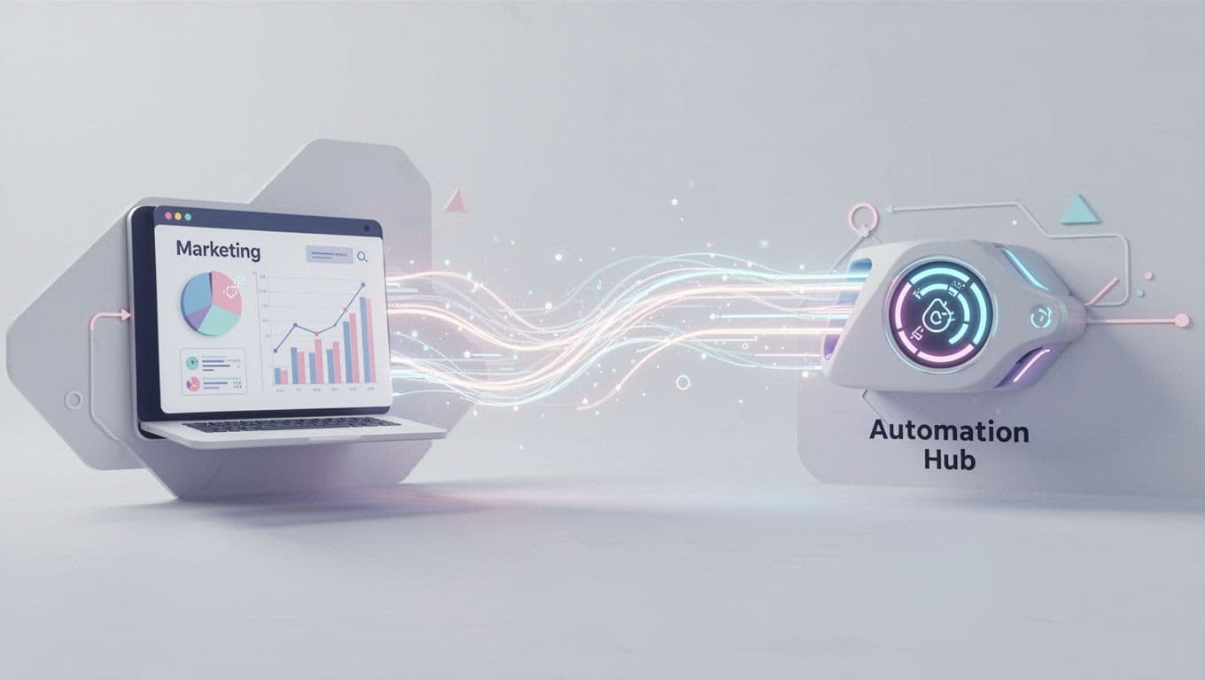A clean, modern illustration shows a data flow process moving through geometric shapes and connecting lines.