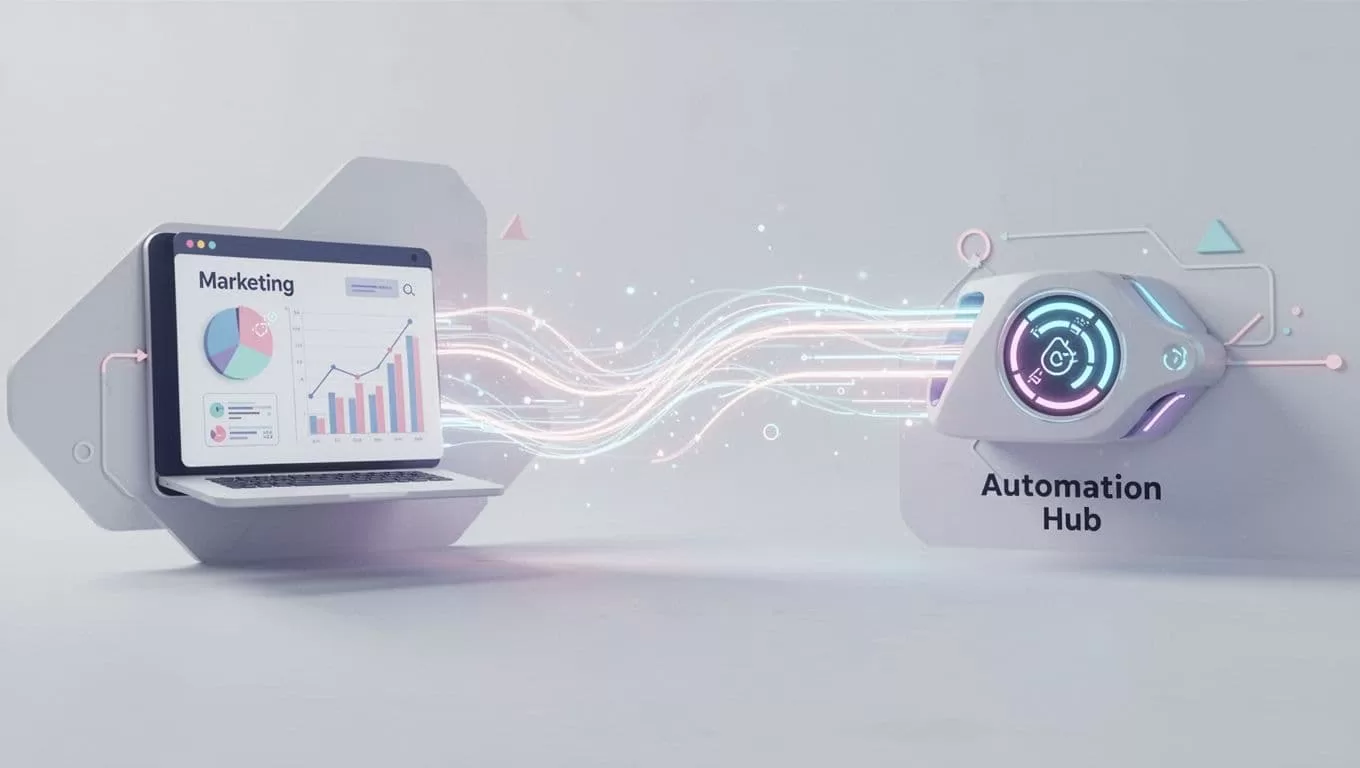 A clean, modern illustration shows a data flow process moving through geometric shapes and connecting lines.