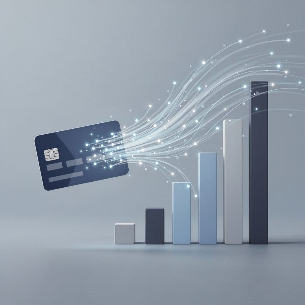 Data points flow from a credit card icon into a stylized bar chart on a clean background.