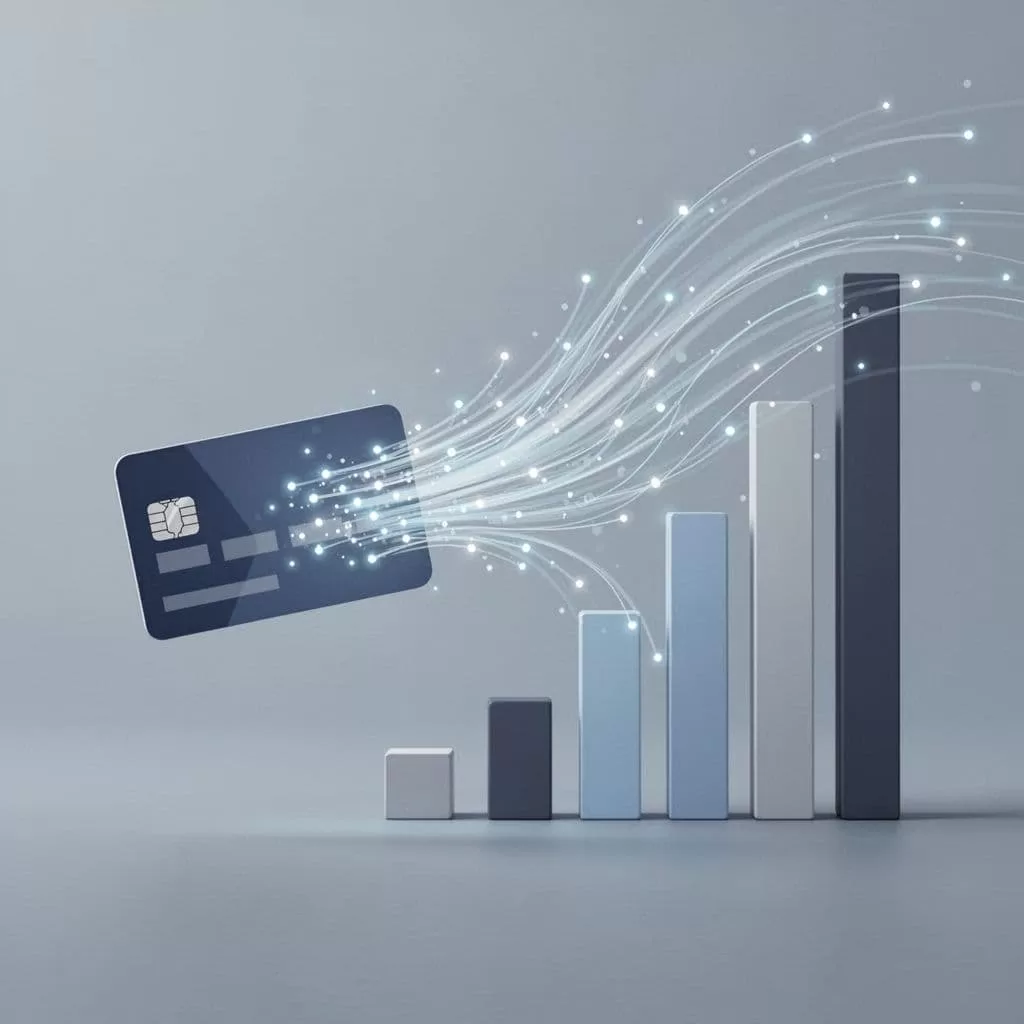 Data points flow from a credit card icon into a stylized bar chart on a clean background.