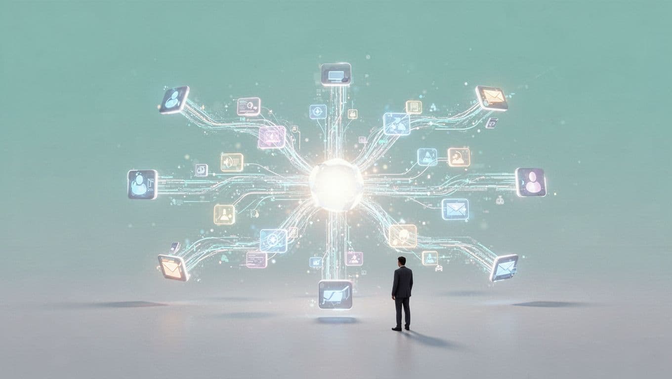A person observes digital shapes flowing from multiple web sources into a single central data point.