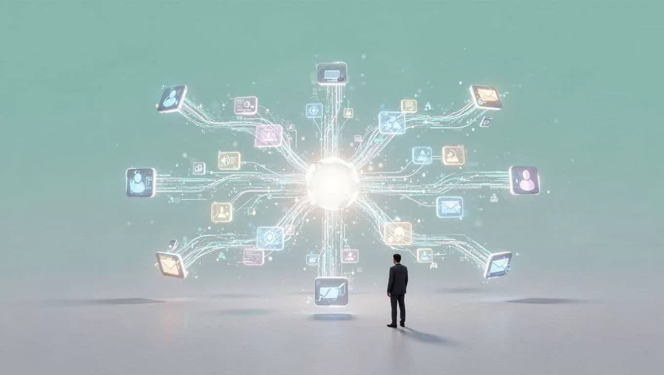 A person observes digital shapes flowing from multiple web sources into a single central data point.