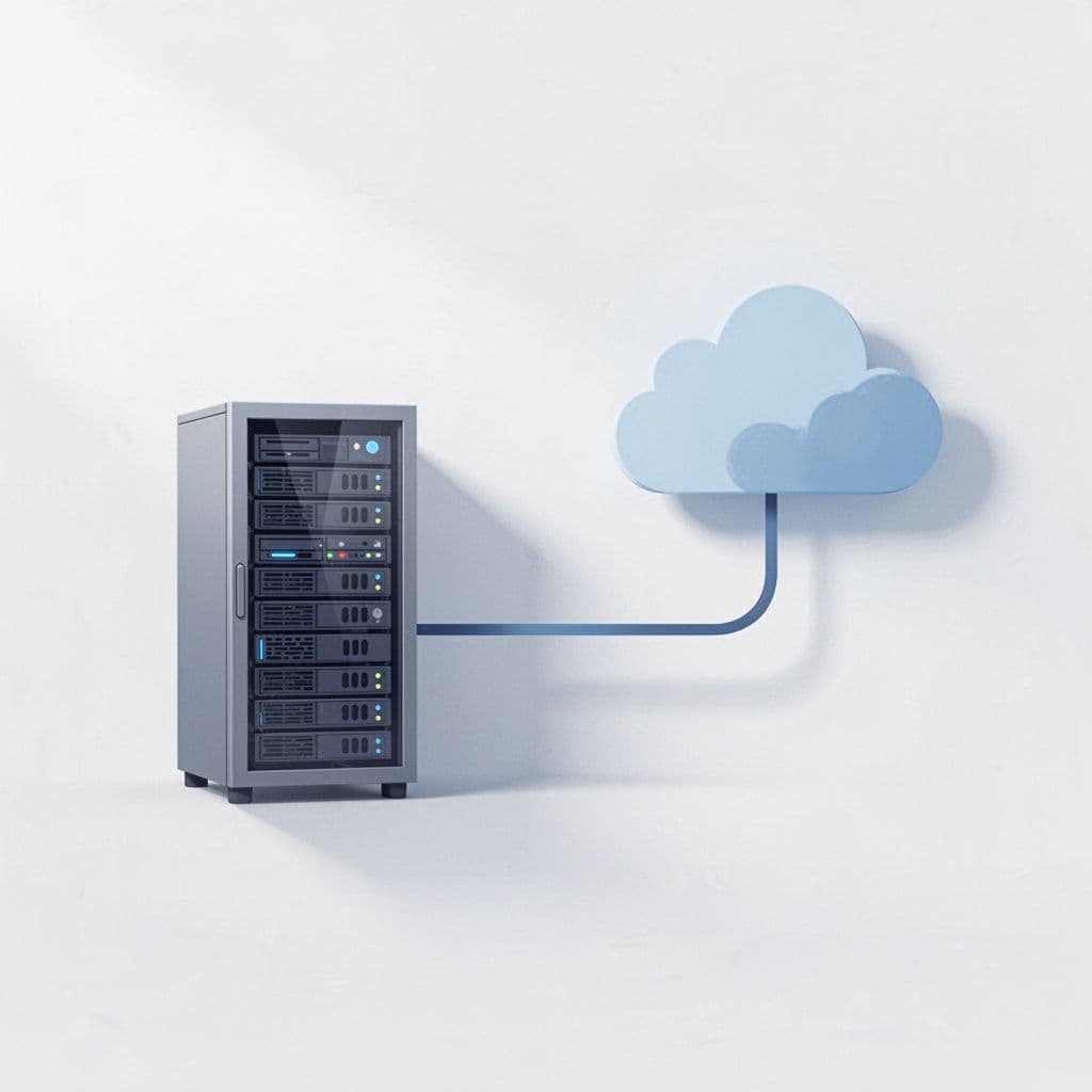 A minimalist flat vector graphic depicts a grey server icon linked to a blue cloud storage symbol by a smooth curved line. The clean white background highlights this simple data transfer.