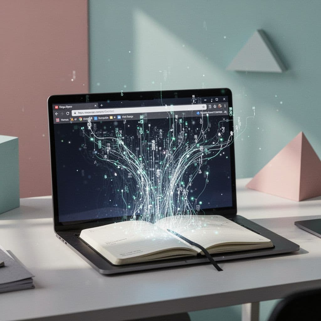 Digital data streams flow from a web browser interface into a clean notebook design.