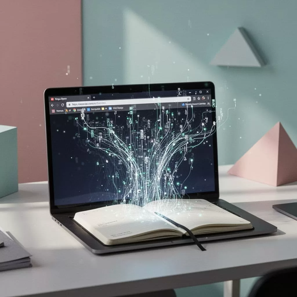 Digital data streams flow from a web browser interface into a clean notebook design.