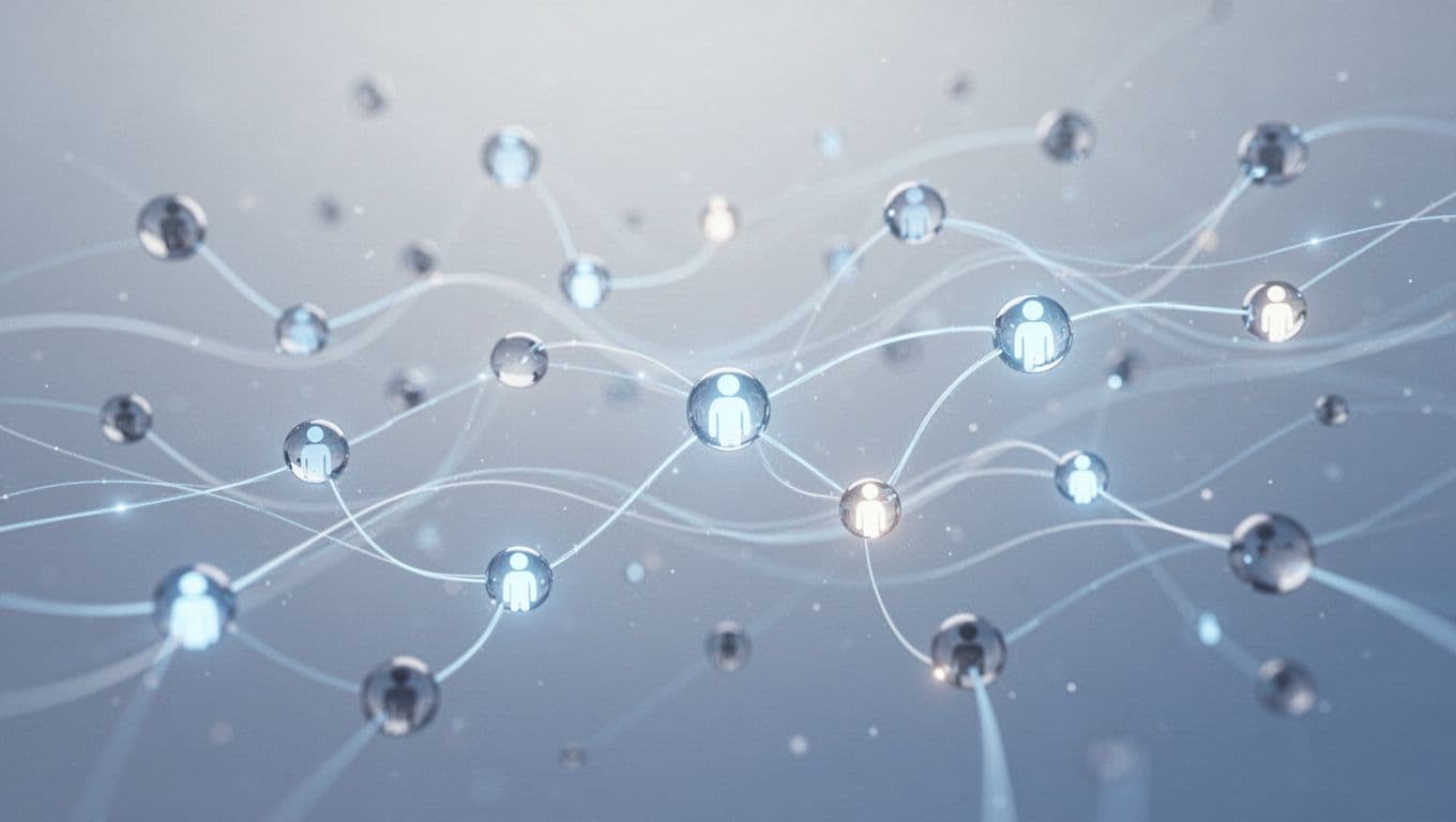 Abstract blue and white digital nodes connected by flowing lines represent a data monitoring network.