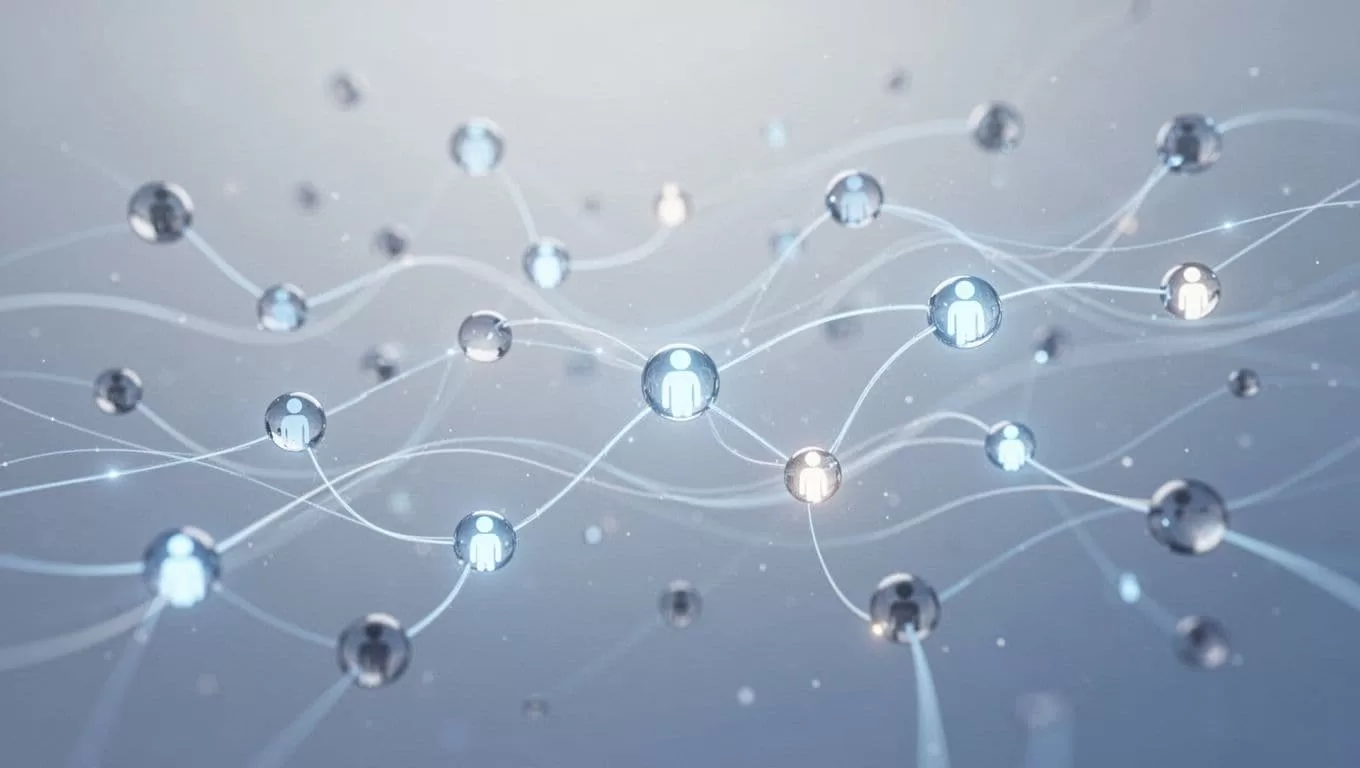 Abstract blue and white digital nodes connected by flowing lines represent a data monitoring network.