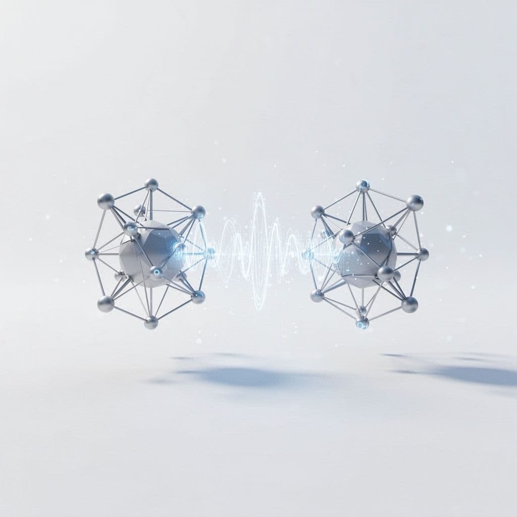 Two abstract geometric nodes are linked by a flowing stream of pulsing light on a white background.