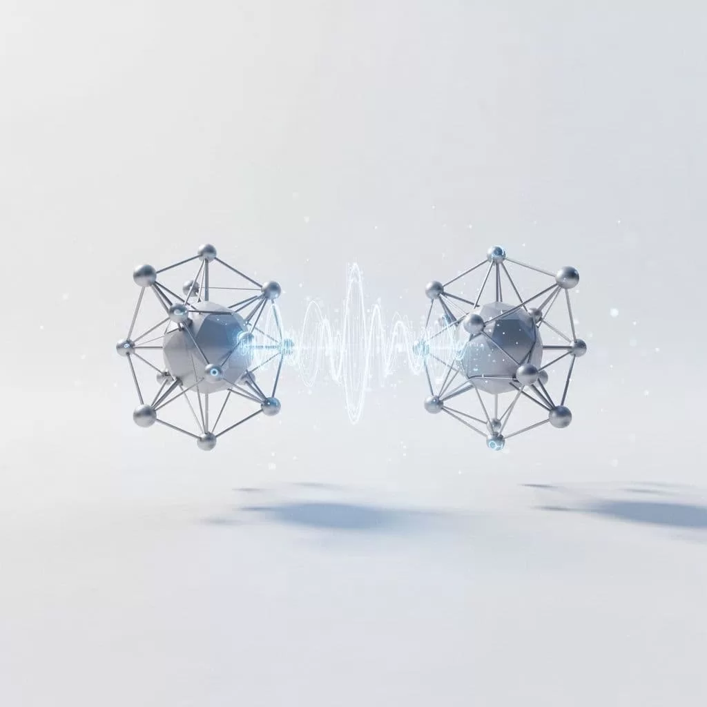 Two abstract geometric nodes are linked by a flowing stream of pulsing light on a white background.