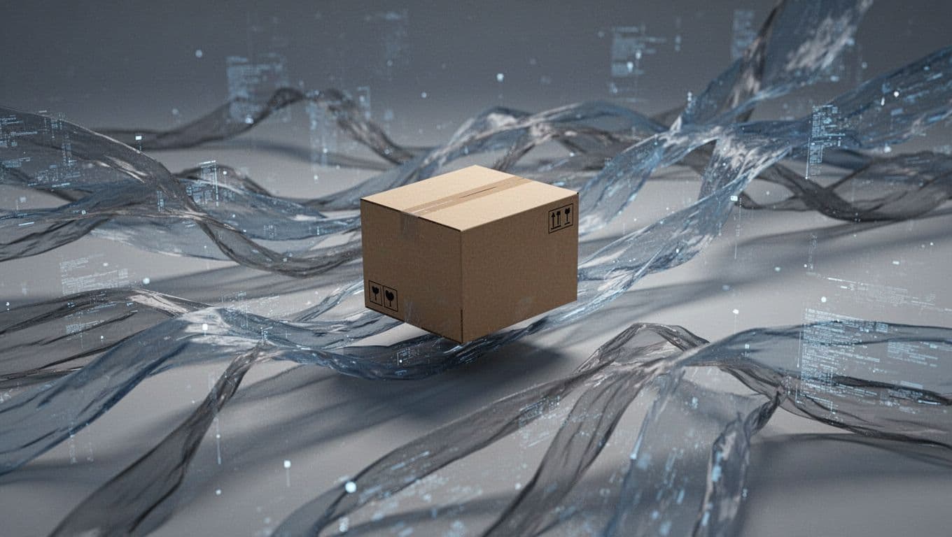 A stylized delivery package travels along glowing digital pathways within a clean, minimalist network visualization.