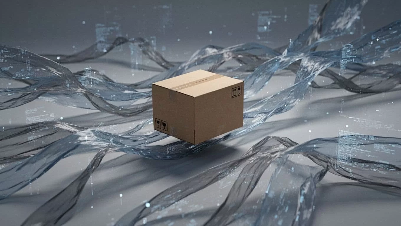A stylized delivery package travels along glowing digital pathways within a clean, minimalist network visualization.