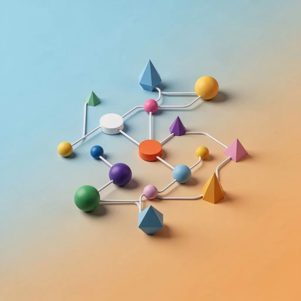 Vibrant orange and blue geometric nodes link together across a soft background, forming a clear, interconnected path. The flat design illustrates efficient task progression through simplified, clean, and modern shapes.