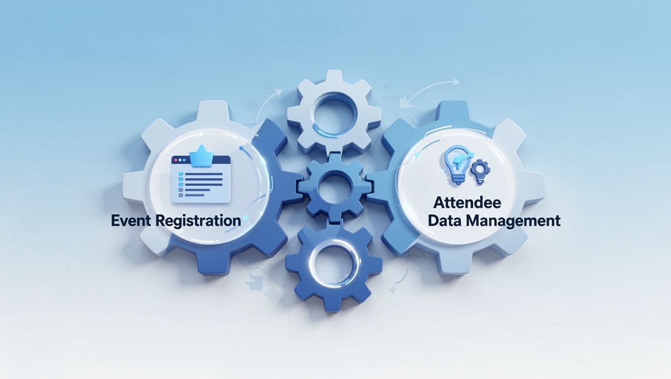 Clean, interlocking digital gears represent the connection between event registration and attendee data management systems.