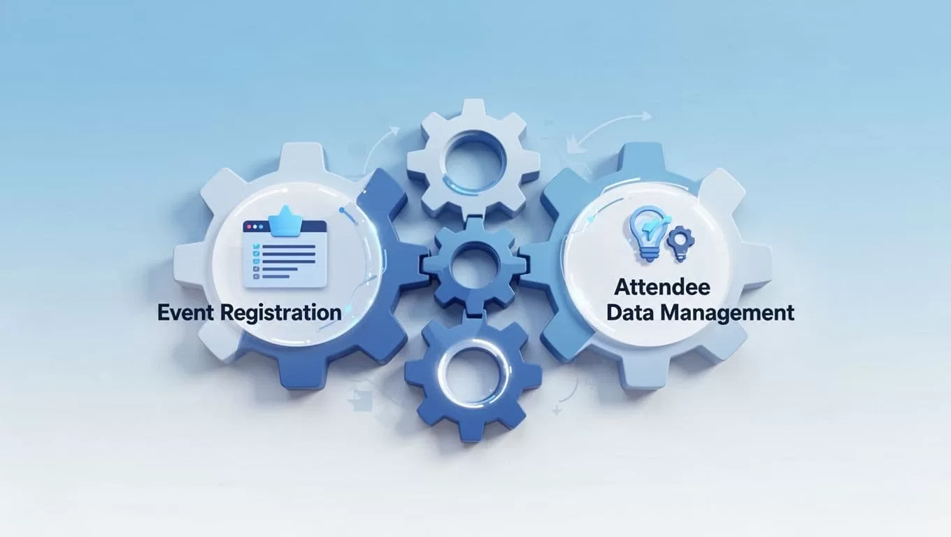 Clean, interlocking digital gears represent the connection between event registration and attendee data management systems.
