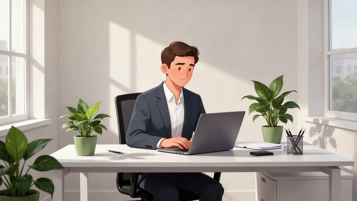 A person works on a laptop in an organized, plant-filled office without paper clutter.