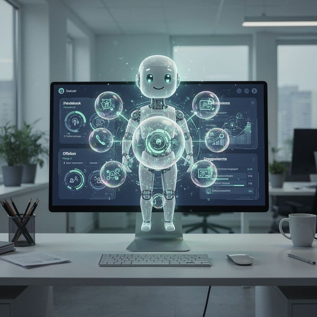 A digital agent sorts feedback bubbles into a clean, organized dashboard on a workstation.