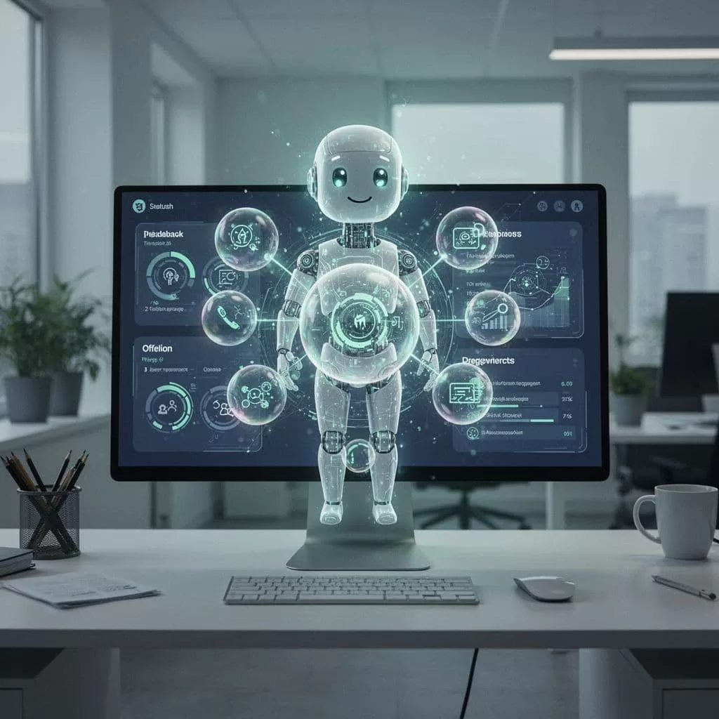 A digital agent sorts feedback bubbles into a clean, organized dashboard on a workstation.