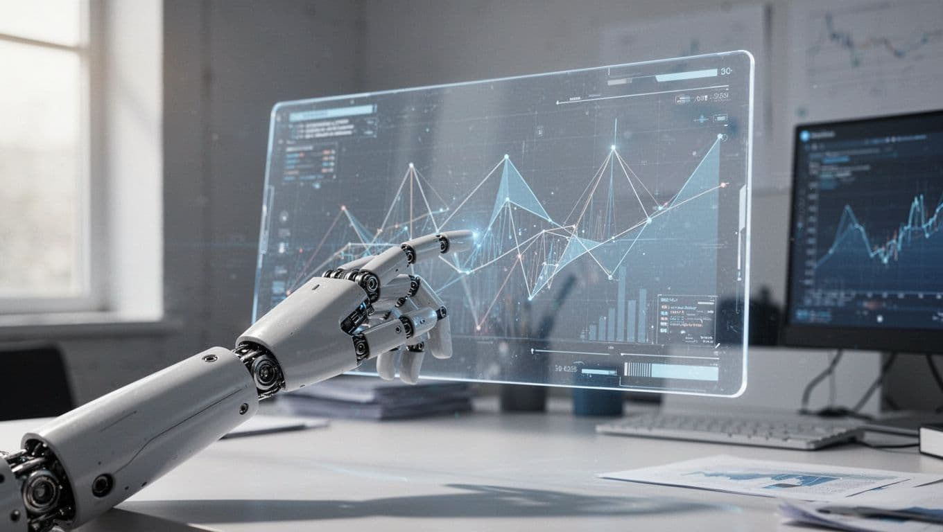 A robotic hand interacts with a floating digital interface displaying abstract data flows and geometric patterns.