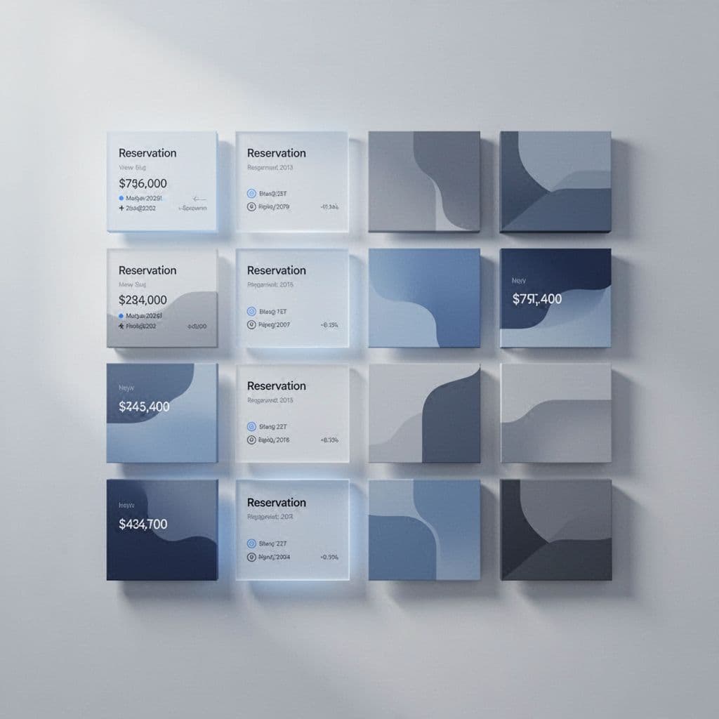Clean geometric shapes represent organized digital files and data within a minimalist blue and gray interface.