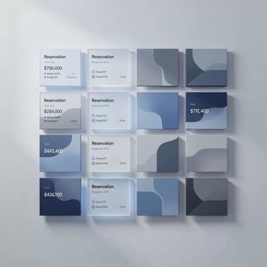 Clean geometric shapes represent organized digital files and data within a minimalist blue and gray interface.