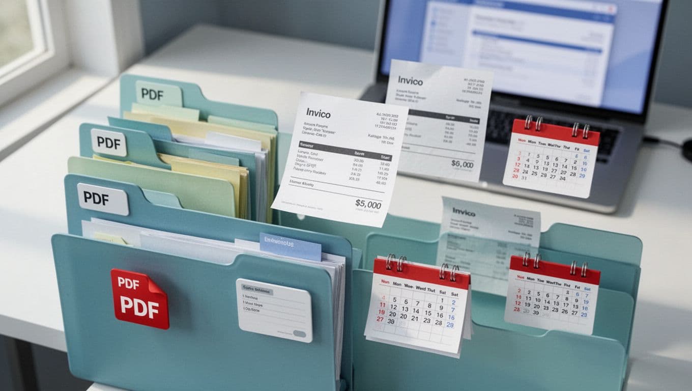 Top-down view of computer desktop with organized file folders, incoming invoices sorting into PDFs, calendar icon, and blurred laptop background.