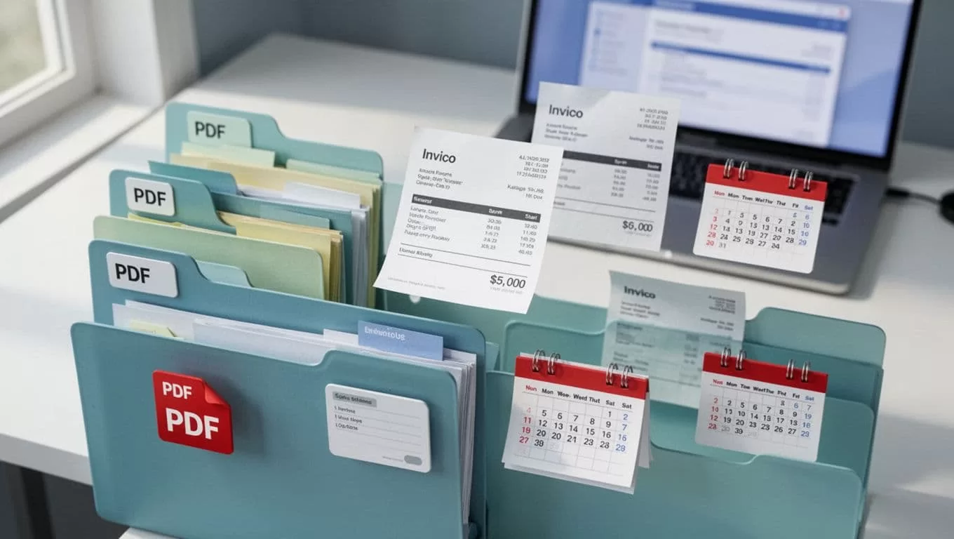 Top-down view of computer desktop with organized file folders, incoming invoices sorting into PDFs, calendar icon, and blurred laptop background.