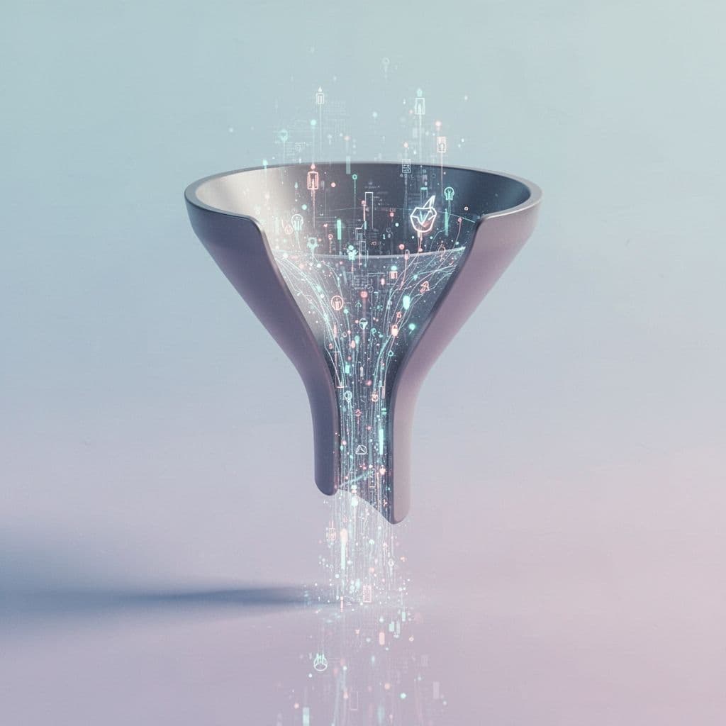 A minimalist funnel illustration with fluid shapes and data points flowing downward through the narrowing path.
