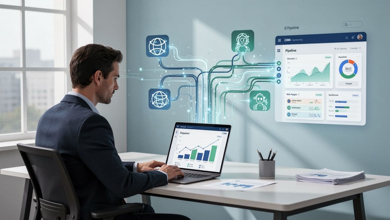 Data flows from web sources through agents to CRM dashboard on laptop viewed by sales professional at modern desk.