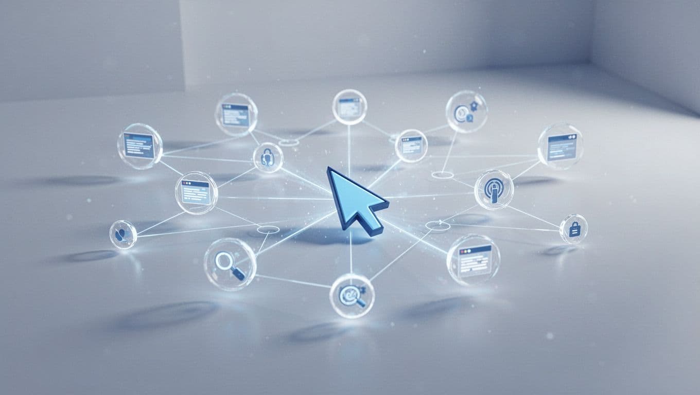 Data nodes connect to web icons within a modern workspace featuring a glowing interaction cursor.