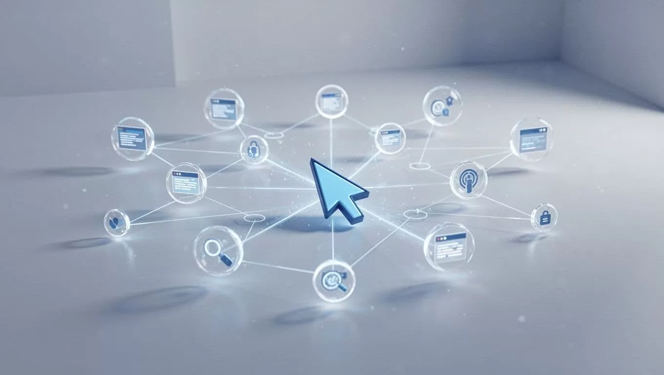 Data nodes connect to web icons within a modern workspace featuring a glowing interaction cursor.