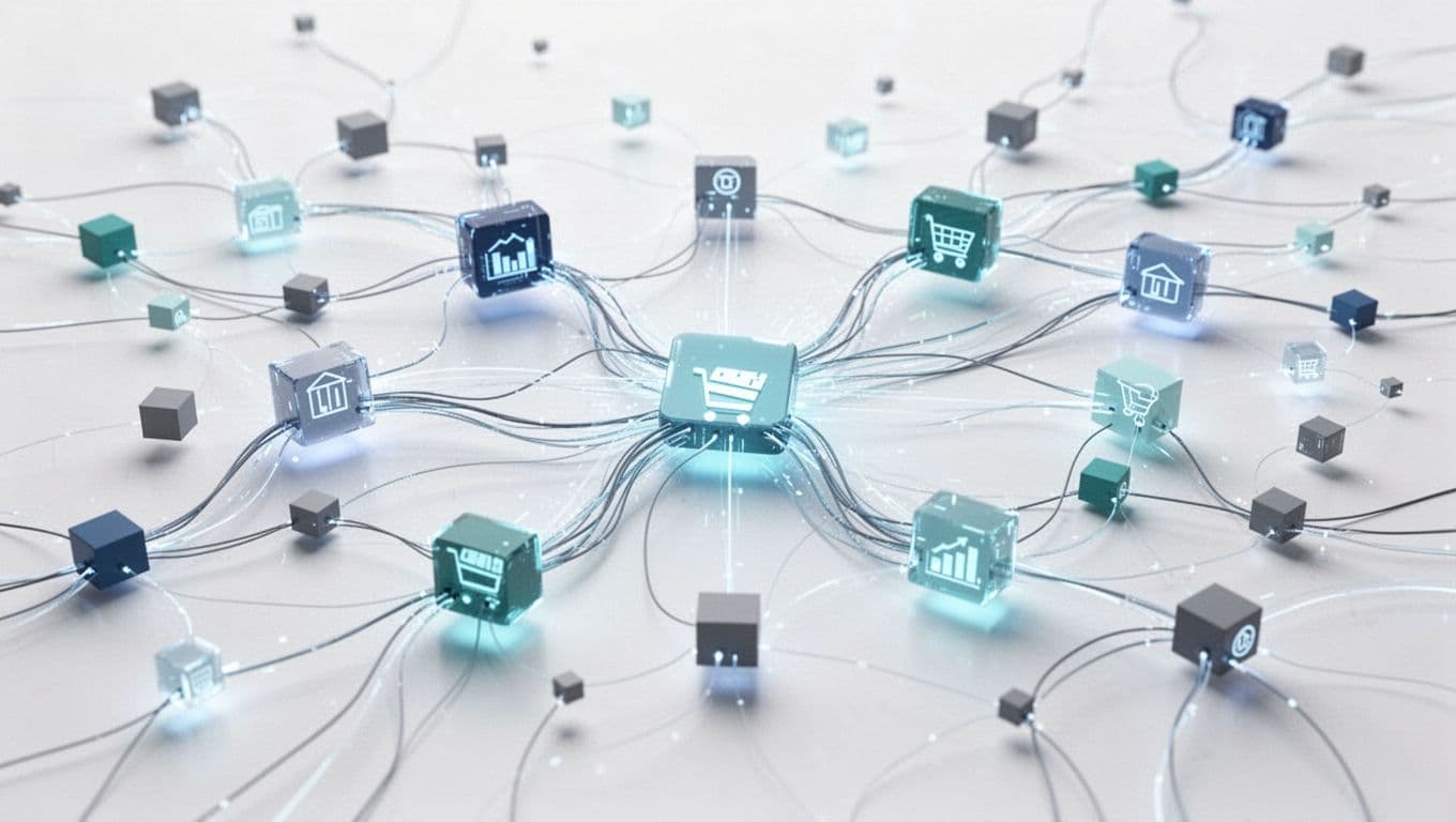 Geometric nodes and lines represent interconnected data flow between inventory and order systems.