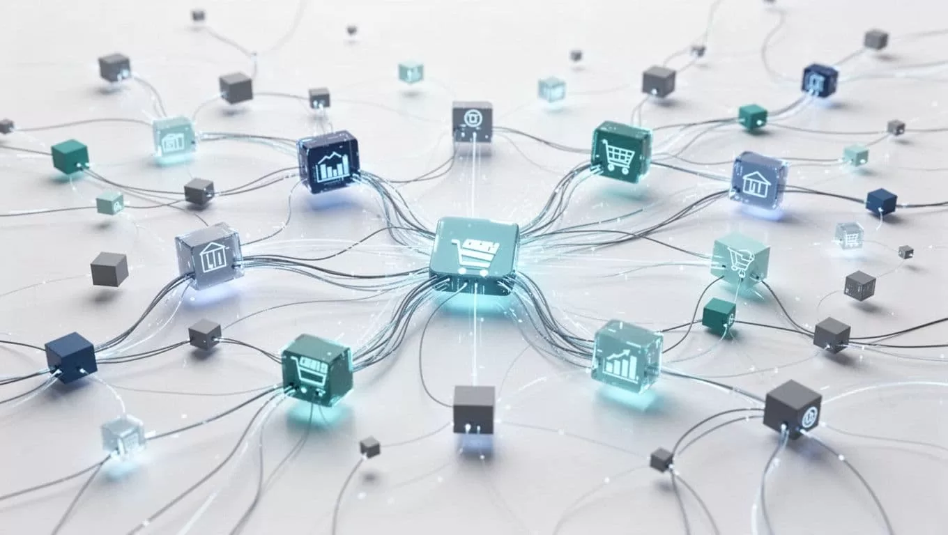 Geometric nodes and lines represent interconnected data flow between inventory and order systems.