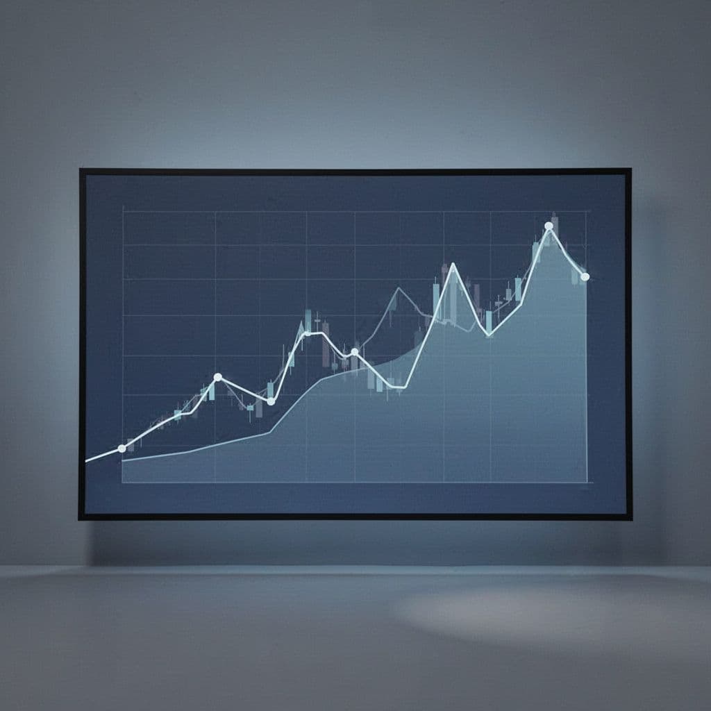 A flat-style digital dashboard displays stylized price trend charts in blue and grey tones.