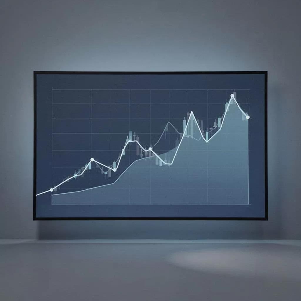 A flat-style digital dashboard displays stylized price trend charts in blue and grey tones.