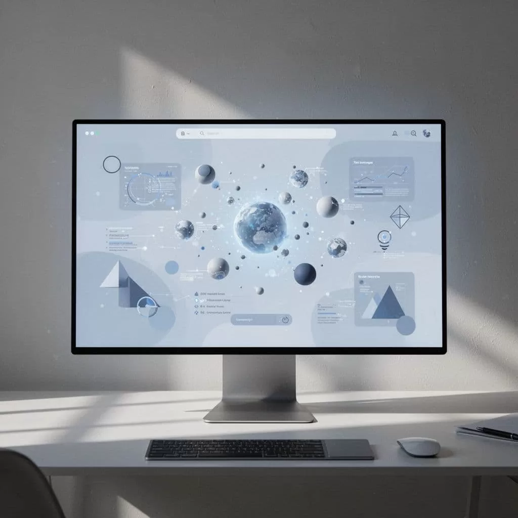 A minimalist digital display shows floating data points and geometric shapes within a clean browser window.