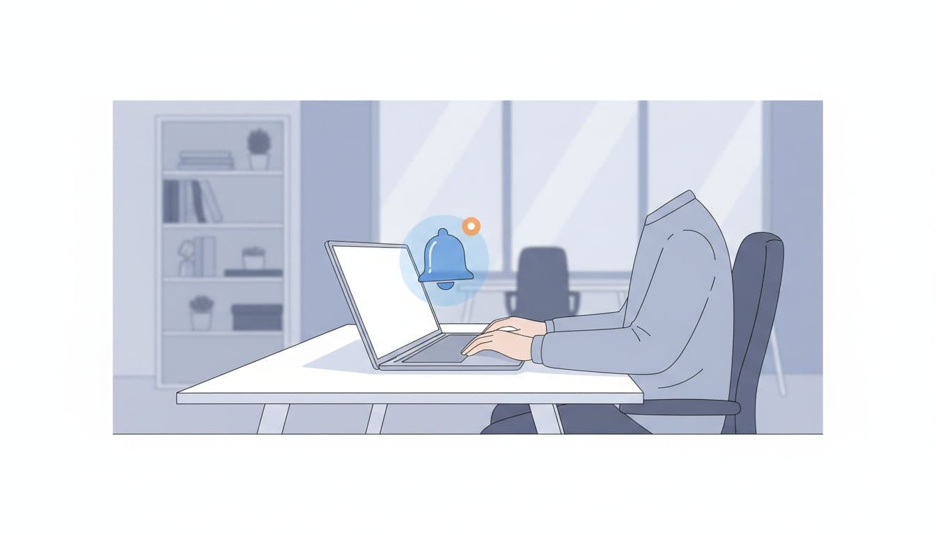 A focused professional works at a sleek desk using a laptop, while a glowing digital notification icon hovers above the screen to signal incoming data updates in a minimalist environment.