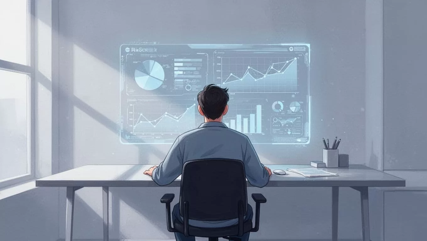 A minimalist illustration shows a person monitoring digital data charts on a computer screen.