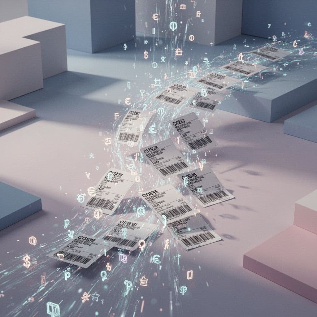 Digital data streams transform into physical shipping labels in a clean, minimalist design.