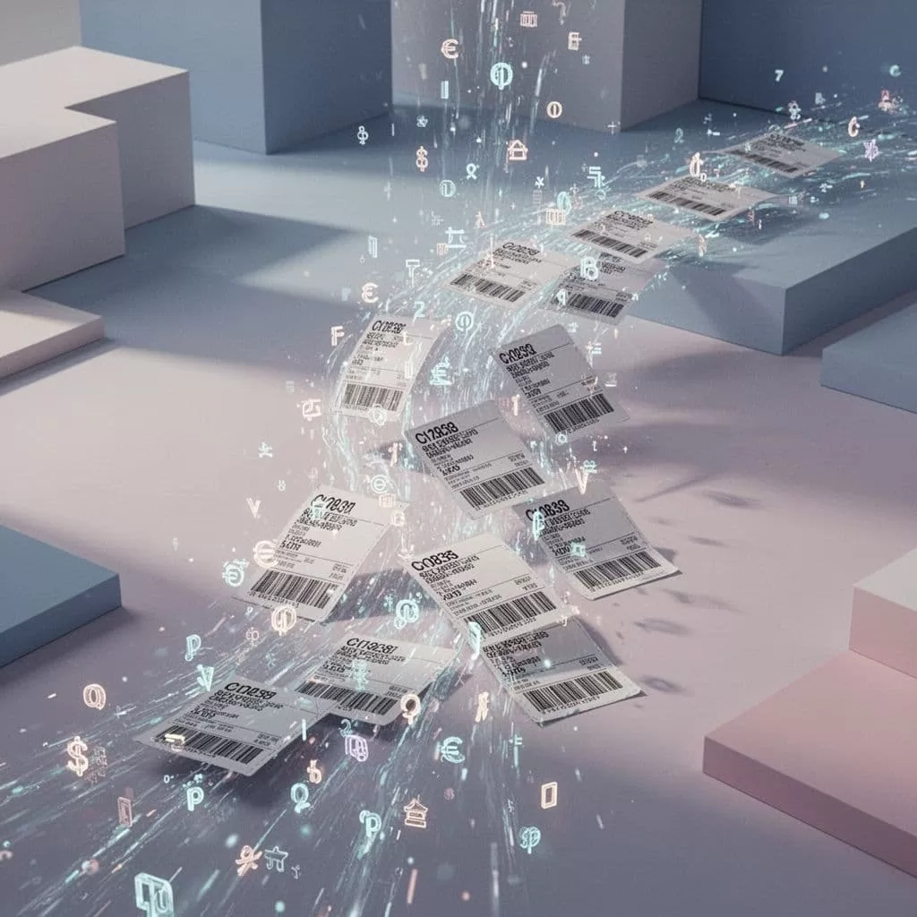 Digital data streams transform into physical shipping labels in a clean, minimalist design.